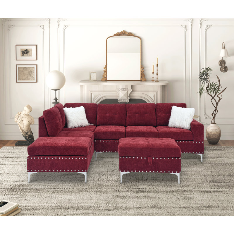 Rovina Upholstered L-Shaped Sectional Reversible, Red Chenille