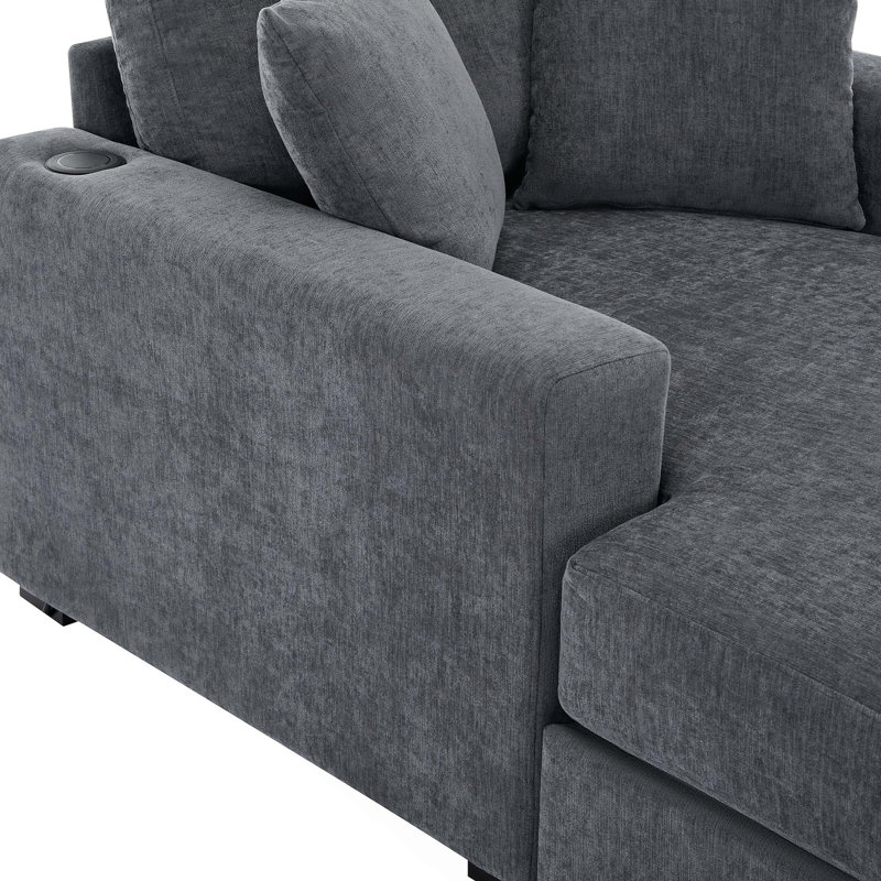 Canapé surdimensionné de 43,5 po de style moderne avec méridienne, avec coussins, station de charge et porte-gobelets, tissu chenille