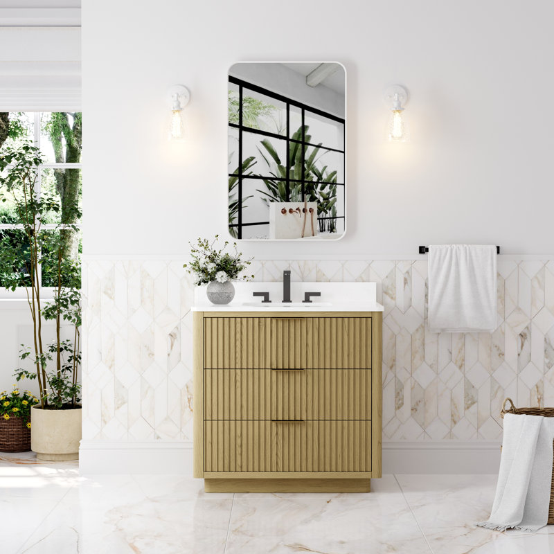 Meuble-lavabo en bois massif l 36 po x H 35 po avec comptoir en quartz blanc résistant aux taches et lavabo