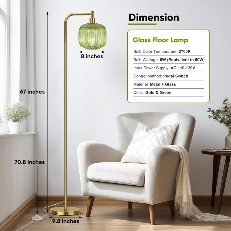 Glass Floor Lamp For Living Room, Modern Standing Lamp With Ribbed Glass Lampshade Pedal Switch, Tall Lamp For Bedroom Study Room,2700K LED Bulb Included