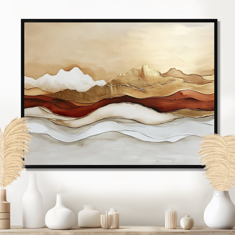 Horizon en lumière dorée II - paysage doré encadré, art mural, 16" H x 32" W, Cadre flottant noir