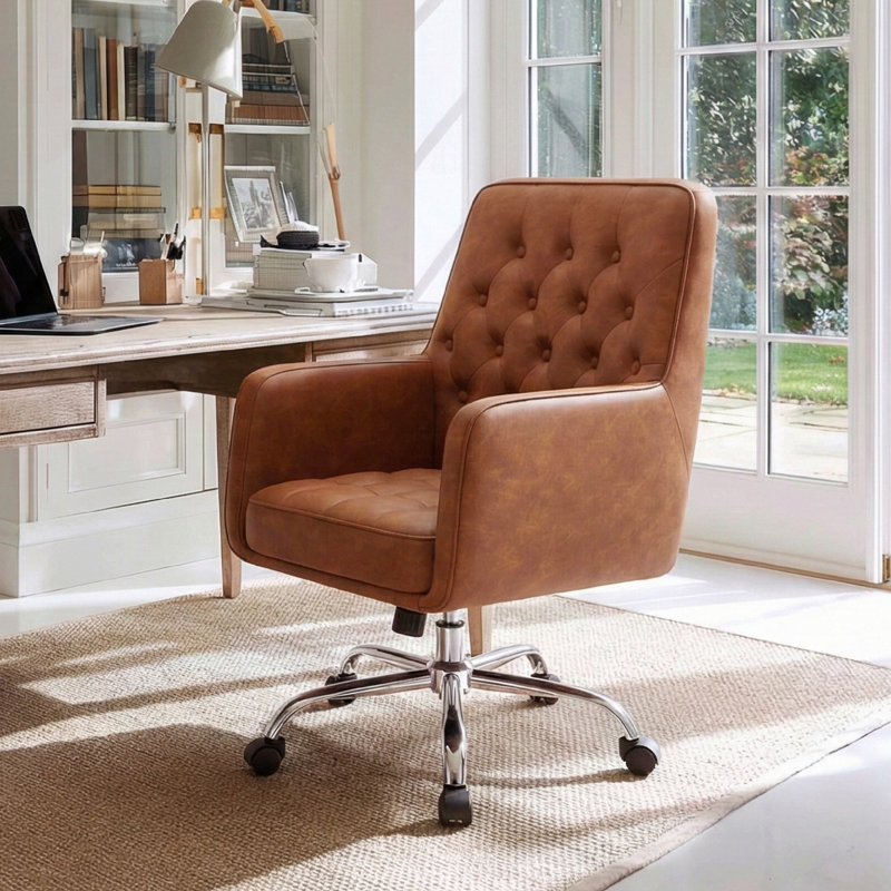 Button Tufted Faux Leather Office Task Chair with Padding, Brown