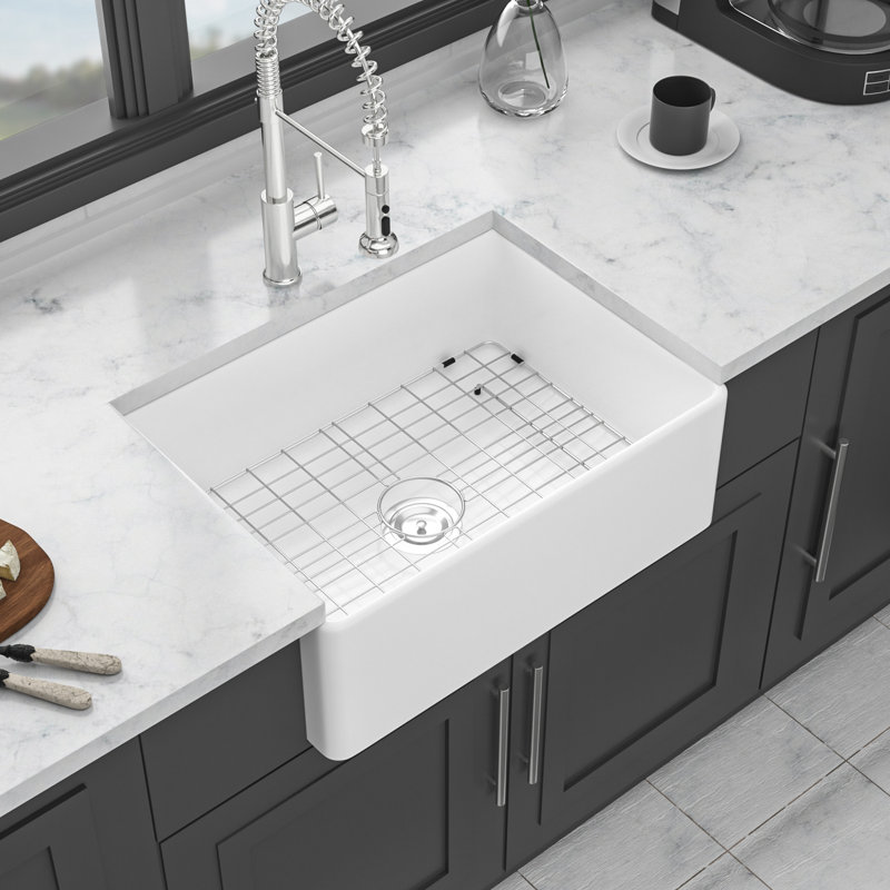 28 White Farmhouse Sink - 28 X 20 X 10 Inch Kitchen Sink Ceramic Porcelain Single Bowl Rectangular Farmer Basin