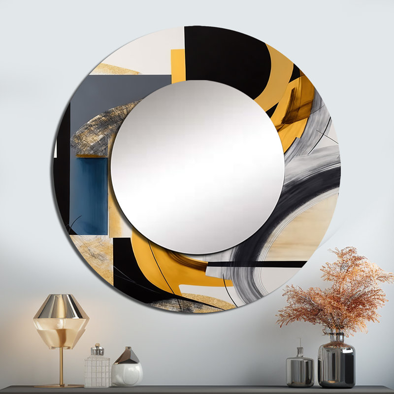 Rafiah Glam Gold And Black Expression IV - Abstract Spirals Decorative Wall Mirror, Modern Round Mirror, Printed Metal Art