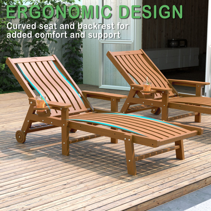 Pakkdiarie Outdoor HDPE Adjustable Reclining Chaise Lounge Chair With Wheels & Cup Holder (Set of 2), Teak