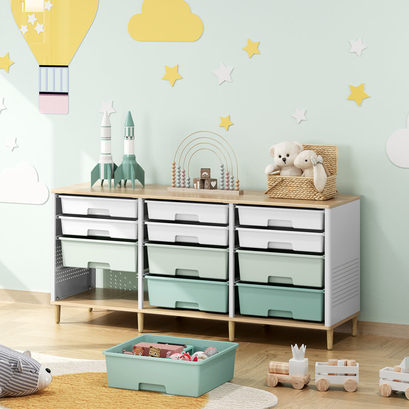 Rolling Cart Storage Cabinet with 12 Drawers and Wooden Tabletop,Utility Cart Cube Organizer for Bedroom, Living Room, Office, Playroom, Craft Room, Classroom Storage