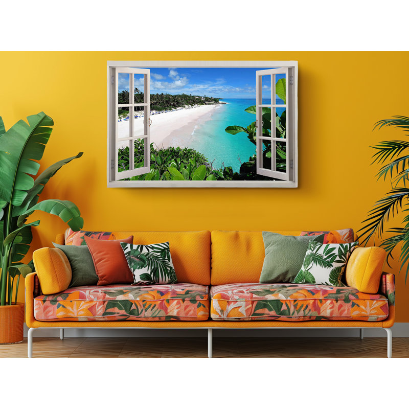 «Exotic Beach Day View Open Window», reproduction d'art sur toile, H 24 po x l 36 po x P 1 po