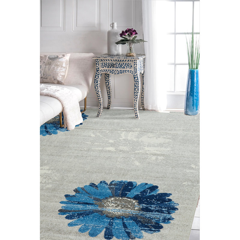 Tapis gris/bleu tissé à la machine Kossivi, Rectangle 4 pi 5 po x 6 pi 3 po