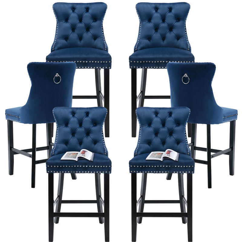 Tabouret de bar rembourré en velours avec dossier capitonné, Marine, Noir, 6