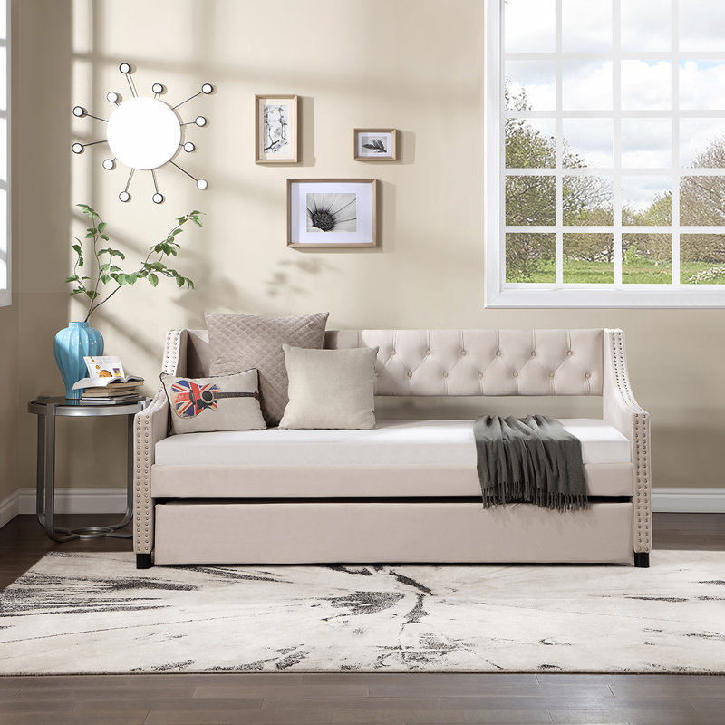 Miaja Daybed, Daybed, Upholstered Bed with Trundle, Beige, Full/Double