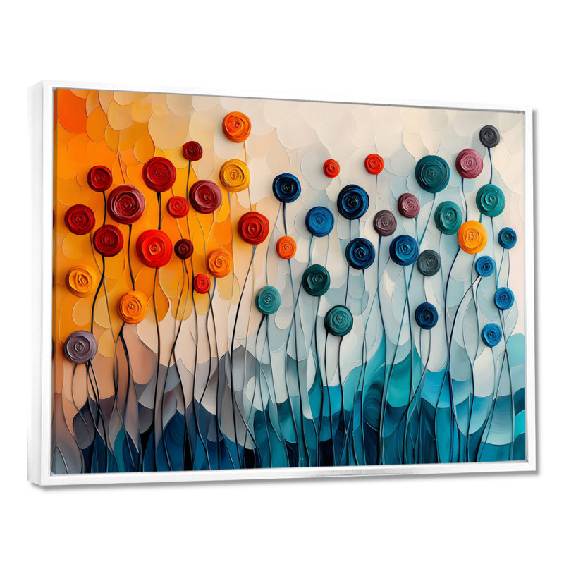 «Fantasy Field of Ranunculus Flowers IV», art mural sur toile Renoncule, H 34 po x l 44 po, Cadre flottant blanc