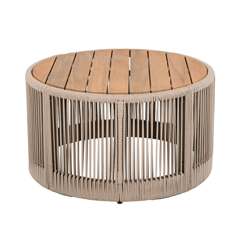 Outdoor Acacia Wood Rattan Coffee Table, 2 Color Beige/Grey 15"/26" Round, Weather Resistant Iron Frame For Patio Garden, Mix & Match Savings