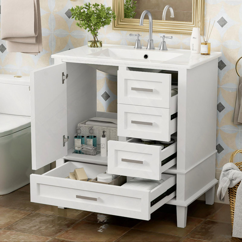 Armoire de rangement pour meuble-lavabo avec lavabo et porte à 3 tiroirs, Blanc