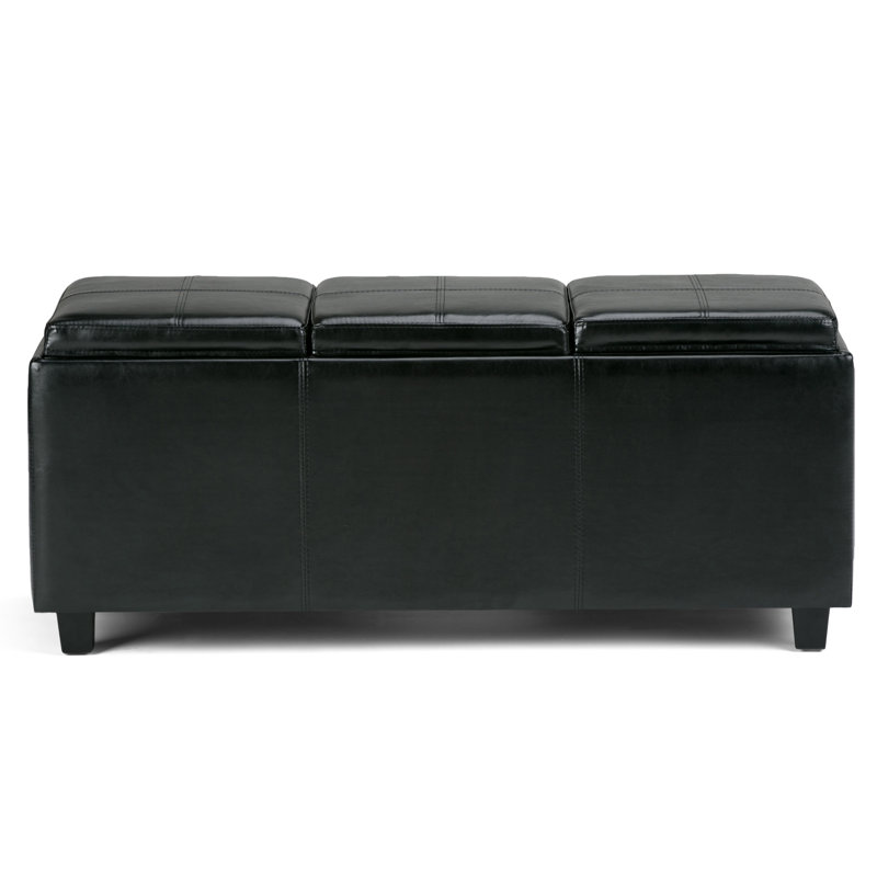 Avalon 42"W Upholstered Storage Ottoman with 3 Flip-Over Serving Trays, Midnight Black Faux Leather