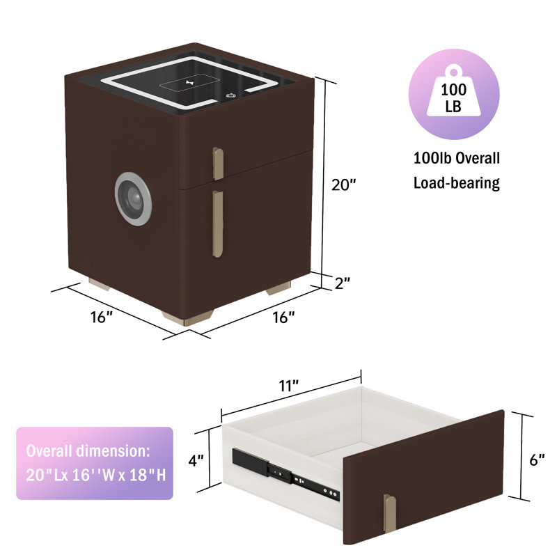 21 Inch Tall Modern Smart Pine Wood Microfiber Leather Safe Nightstand in 7 Colors with Password Key Lock Wireless Charging USB Three Color Light and Bluetooth Speaker