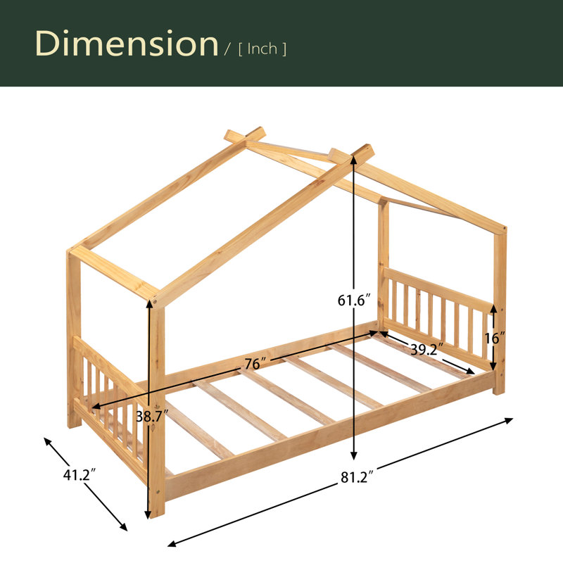 Lit plateforme House avec tête et pied de lit, toit, Naturel
