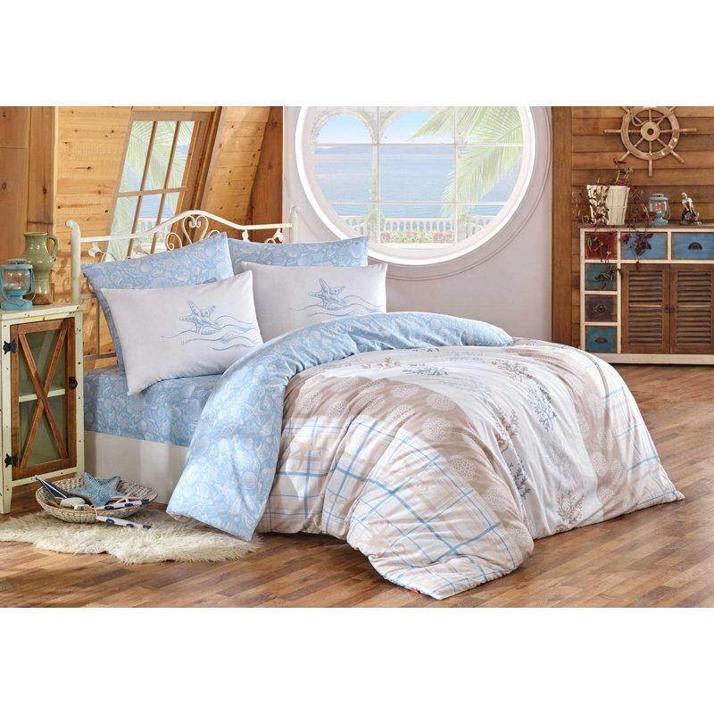 Ensemble de housse de courtepointe Luxury Ranforce, crème et bleu, 78,7 po x 86,6 po | 100% coton, 132 fils | Comprend 2 taies d'oreiller (19,7 po x 27,6 po) | Lavable à la machine, fermeture à boutons | Literie élégante et confortable pour toute chambre à coucher