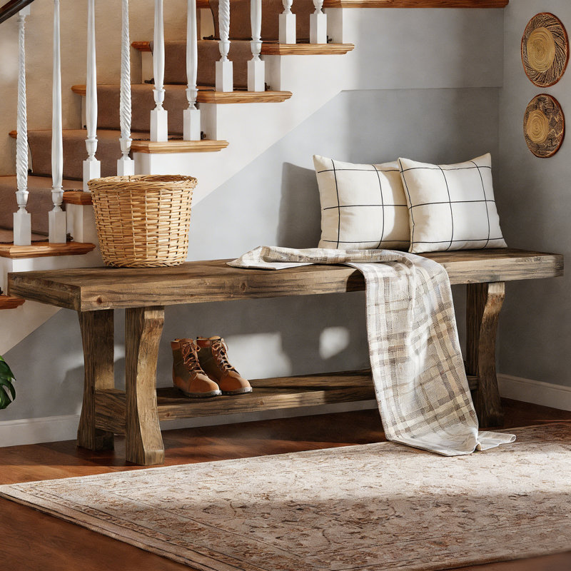 55" Solid Wood Entryway Bench, 2-Tier Long End of Bed Bench, Rustic Oak