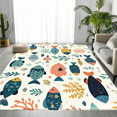 Cartoon Creative Fish Area Rug, Bright Vibrant Color Pattern, Machine Washable Non-Slip Floor Carpet, Artistic Indoor Home Decor for Living Room, Bedroom, Leisure Room, Leisure Room, Apartment