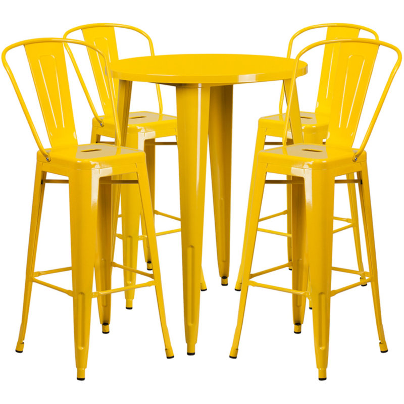 Williamston Round Metal Indoor-Outdoor Bar Table Set with 4 Cafe Stools, Yellow, 41" H x 30" W x 30" L
