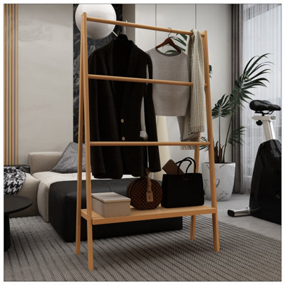Porte-serviettes échelle en bambou avec tablette de rangement