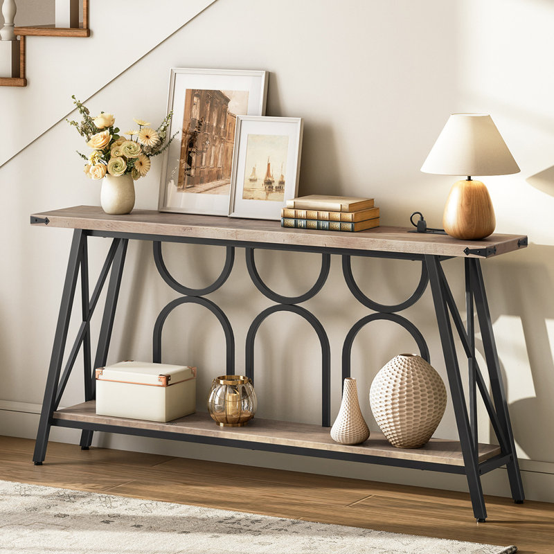 Console unique avec station de charge et tablette de rangement, Gris, H 31,5 po x l 63 po x P 11,8 po 