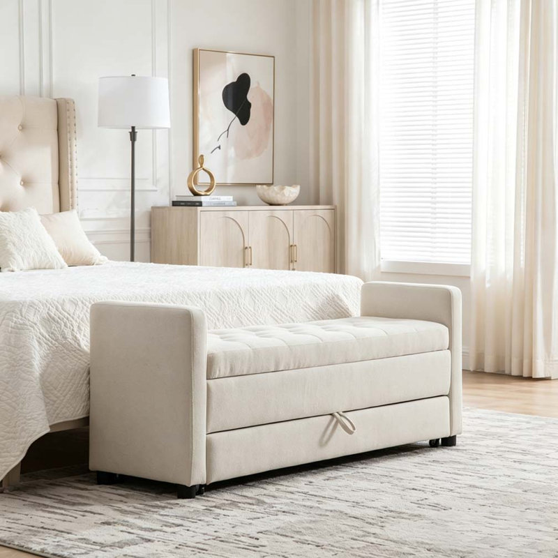Banc de rangement rembourré moderne de 58,27 po de largeur avec double espace de rangement, Beige