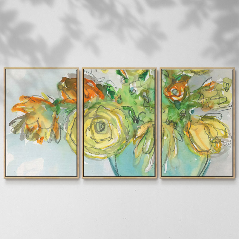 Ensemble de 3 fleurs printanières, H 36 po x l 75 po, Encadré naturel