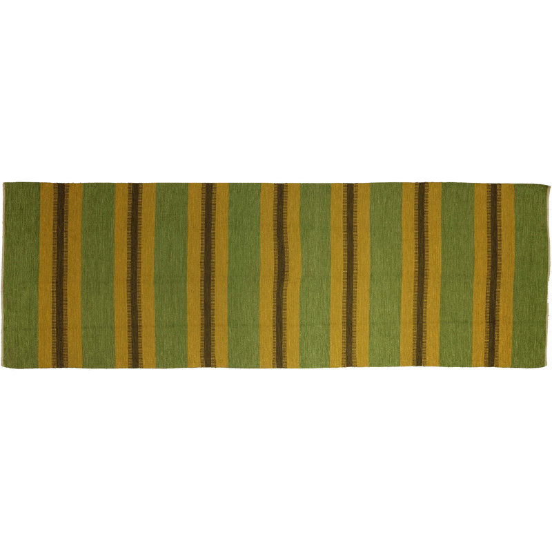 Tapis de couloir rétro en laine vert fait à la main vintage 3 pi 9 po x 11 pi Mid-20Th Century