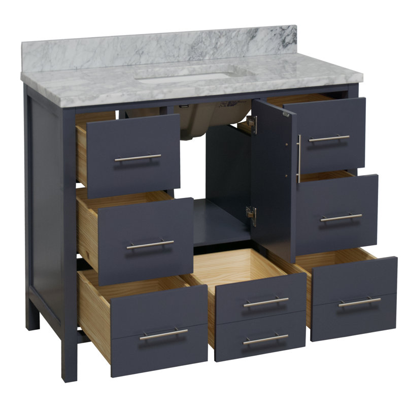 Ensemble de meuble-lavabo simple 42 po Kiara, Gris marine, Marbre de Carrare