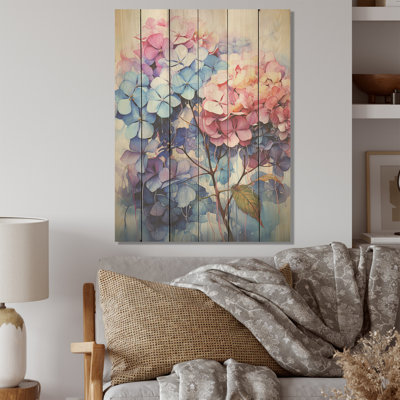 Fleurs d'hortensias - Art mural en bois d'hortensias sur bois de pin naturel