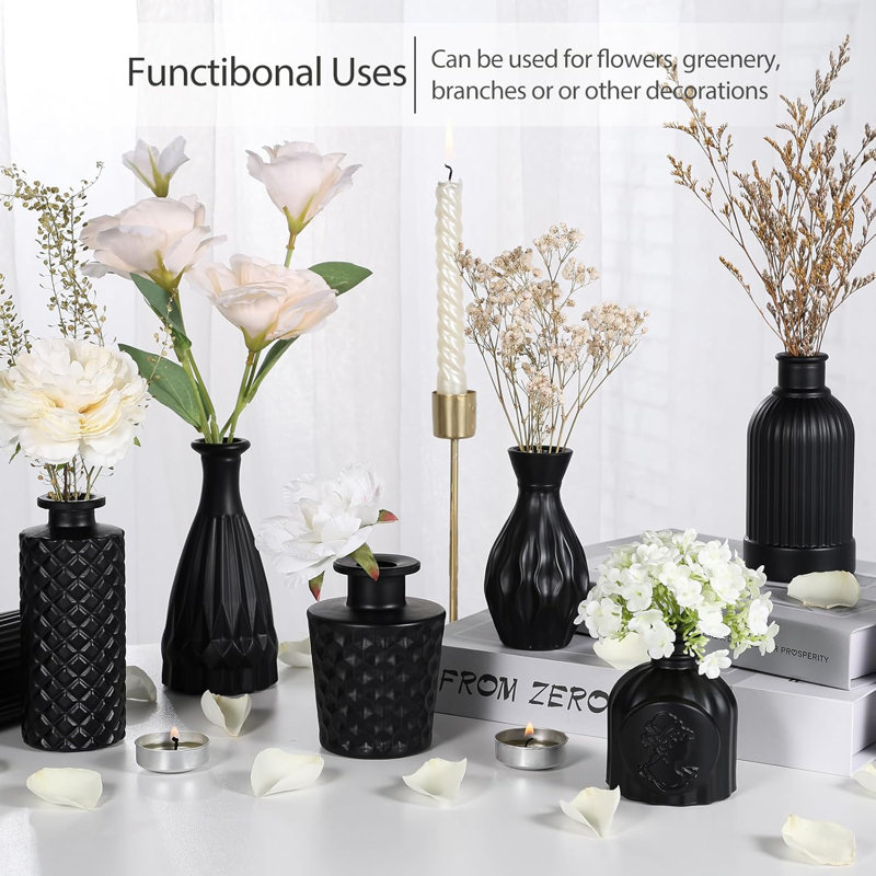 Set Of 12 Black Glass Bud Vases