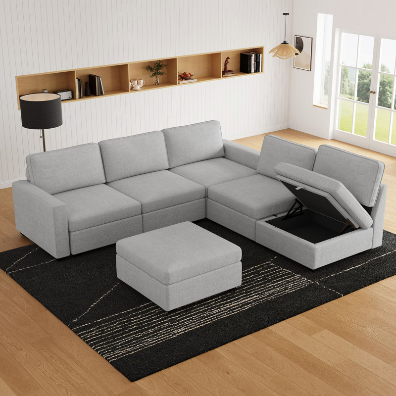 Modular U-Shaped Sectional Sofa, Solid Wood Frame, For Large Living Room & Open Concept Space, Gray Chenille