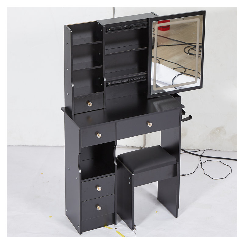 Petit meuble-lavabo de 29,2 po avec lumières DEL, coiffeuse à miroir à commande tactile avec prise de courant, bureau de meuble-lavabo compact avec tabouret pour la chambre à coucher, noir