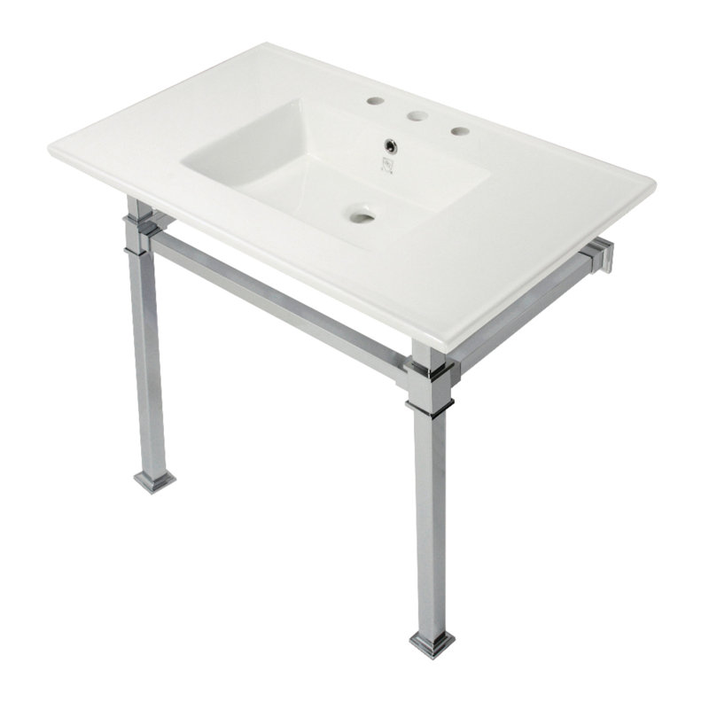 Kingston Brass Monarch 37-Inch Ceramic Console Sink with Stainless Steel Legs (8-Inch, 3-Hole), White/Polished Chrome
