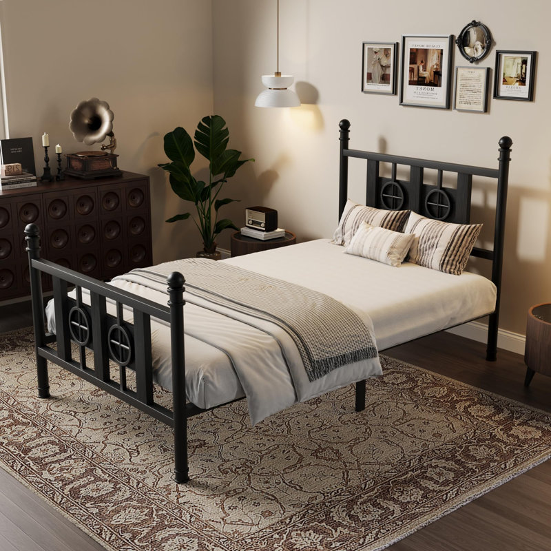 Twin Size Sturdy Metal Bed Frame with Vintage Circular Design,Platform with Headboard & Footboard – Underbed Storage, Noise-Free, No Box Spring Needed, Black