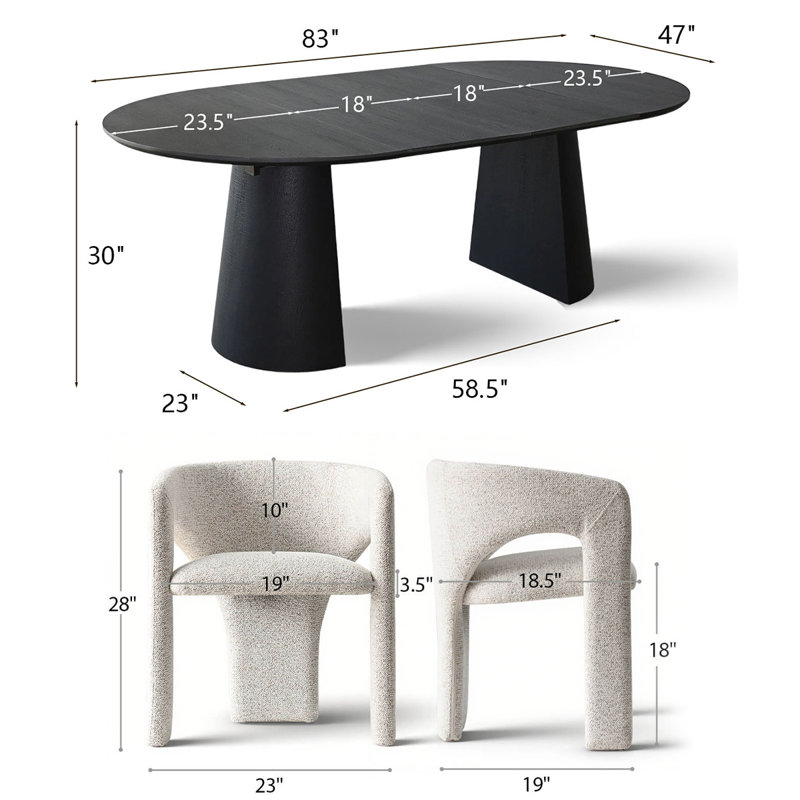 47"-83" Extendable Oval Dining Table Set With Upholstered Boucle Chairs, 3-In-1 Expandable Modern Dining Set
