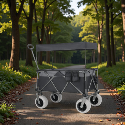 Multi-Functional Pull Folding Wagon Cart with Flexible Handle & Canopy, Heavy Duty Utility Cart with 9"x4" Beach Tires for Camping & Beach, Transport, Groceries, Sports, 480LBS/120L