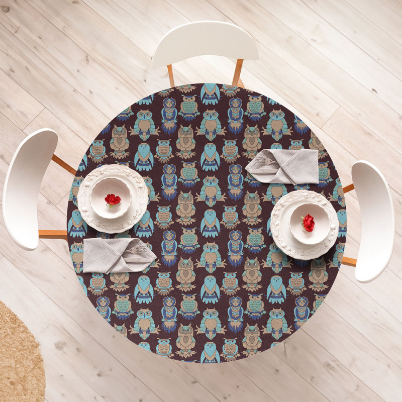 East Urban Home Owl Print Fitted Round Tablecloth Dark Mauve Multicolor, 67.72" Round