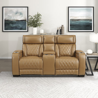 Dahmen 73.5" Modern & Contemporary Faux Leather Power Reclining Loveseat with Power Adjustable Headrests, USB Charging & Ambient LED Lighting