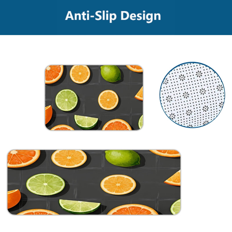 Citrus Fruit Slice Pattern 2 Pack Kitchen Area Rugs, Kitchen Sink Area, Black