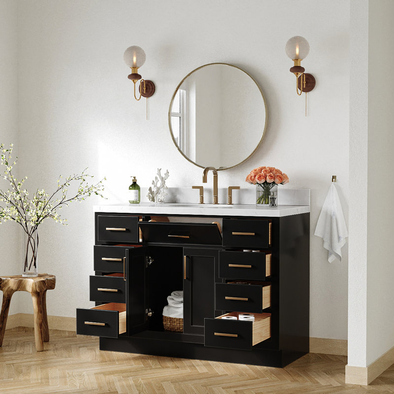 Tidworth 48'' Solid Wood Single Bathroom Vanity with 1.5'' Carrara Quartz Top Sink, Black Oak, Oval