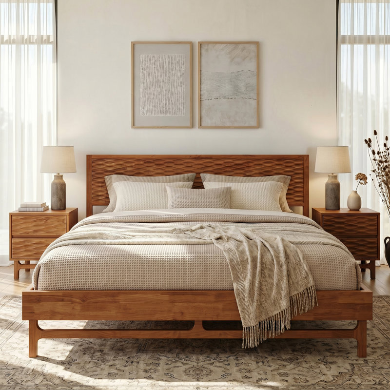 Queen Premium Solid Wood Platform Bed Frame, Walnut Finish with Sculpted Spearhead Headboard – Mid-Century Modern Style, 800lbs Capacity, All Mattress Support, No Box Spring Needed