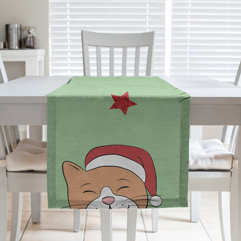 Chemin de table christmase hol christmas chats, L 90 po x l 16 po, Vert / Rouge / Brun, Mélange de coton