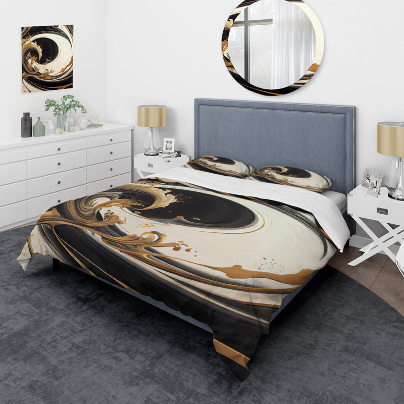 Ensemble de housse de couette en microfibre / polyester noir et doré Swirl V