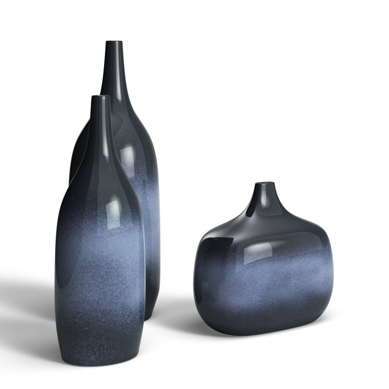 Weedman 3-Piece Set of Ceramic Table Vases, Black/Navy