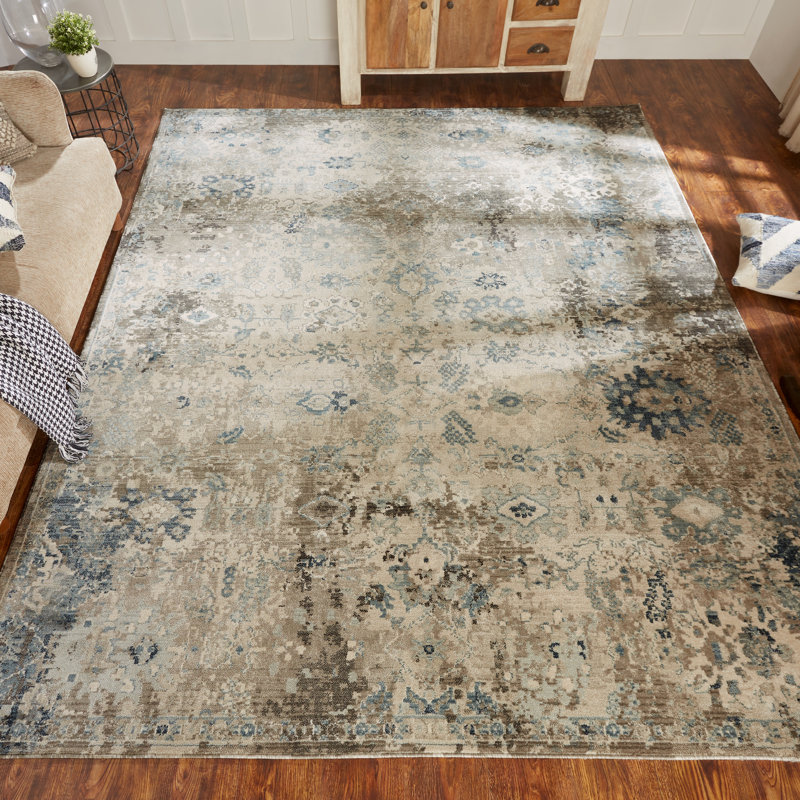Tedford Abstract Area Rug in Ivory/Blue, Runner 2'6" x 10'