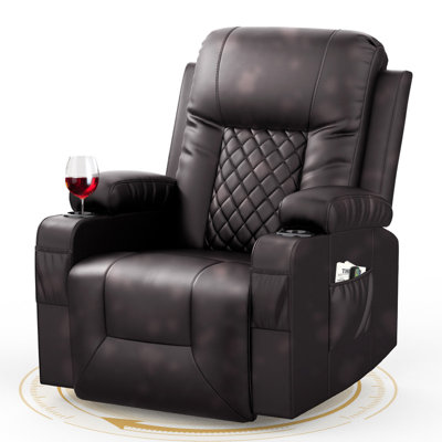 Recliner Chair Swivel Glider, Faux Leather Living Room Nursery Reclining Sofa Chair With Heated, Cup Holders, Single Sofa For Adults, Brown -  Red Barrel StudioÂ®, C03B819182F44C7AADB22C49B341A8C7