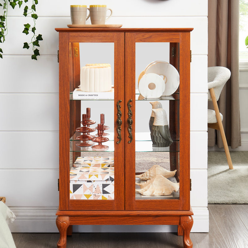 American Retro Style Dark Oak 2 Doors Curio Cabinet With Tempered Glass, Mirrored Back, , And Adjustable Shelves For Home Or Office Display Of Exquisite Items Collectibles Shelves, Showcase