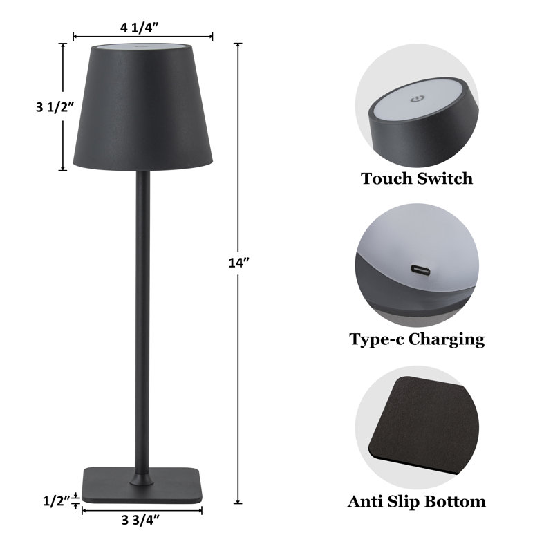 Ensemble de 4 lampes de table sans fil 14 po à DEL, 3 lampes de bureau portatives à intensité variable, Noir, Noir
